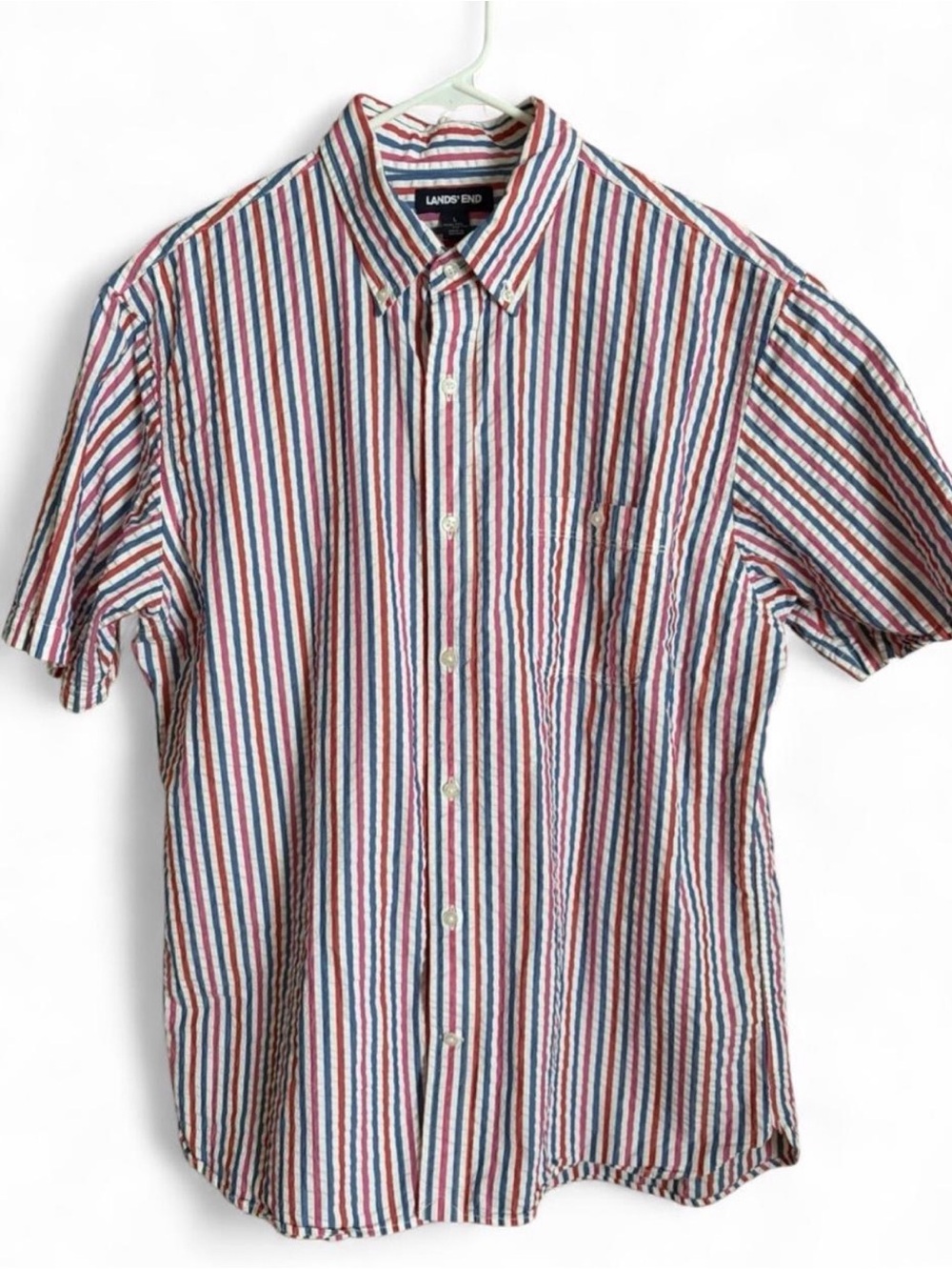 Lands End L mens stripe crinkle tshirt 100% cotton button up top shirt
